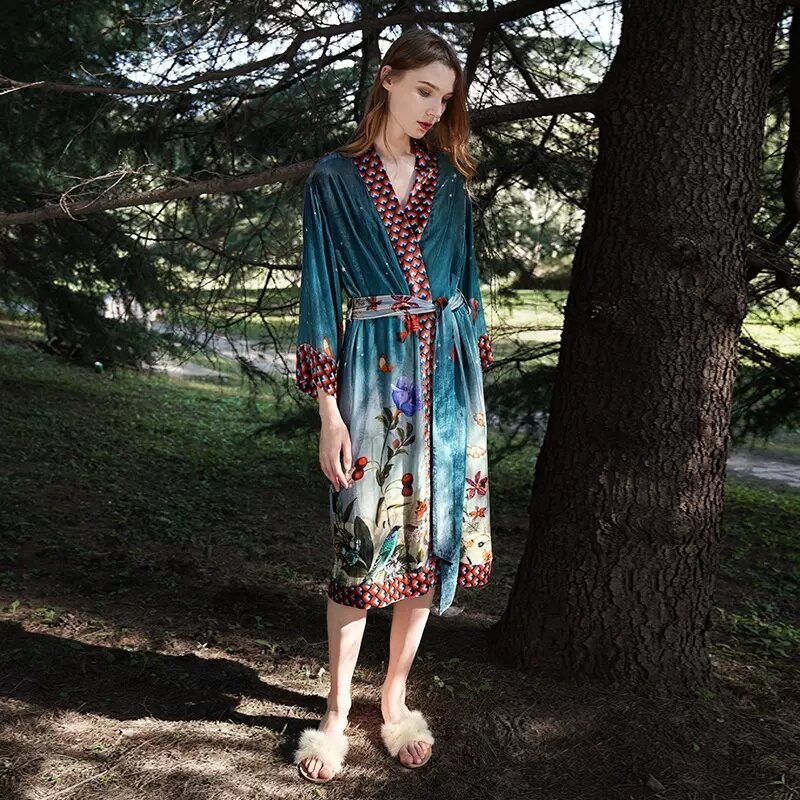 Birdtree 18% Шелк тутового шелкопряда Элегантные Бархатные пижамы для женщин цветочный принт французский стиль Домашняя одежда 2024 весна осень новый P41482QC