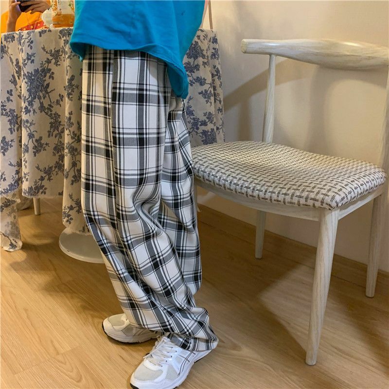 Deeptown Oversized Casual Plaid Pants Woman Harajuku Baggy Korean Fashion Thin Trousers Vintage Summer Straight Japanese Style