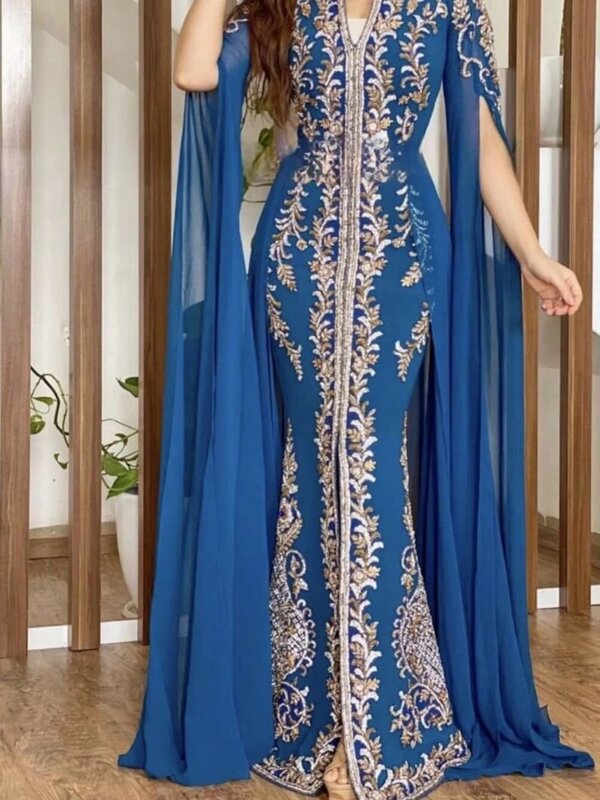 Caftan Dress Long Sleeve Saudi Prom Dress Dubai Moroccan Kaftan Elegant V Neck Evening Dress Arabic Women Formal Dress Plus Size