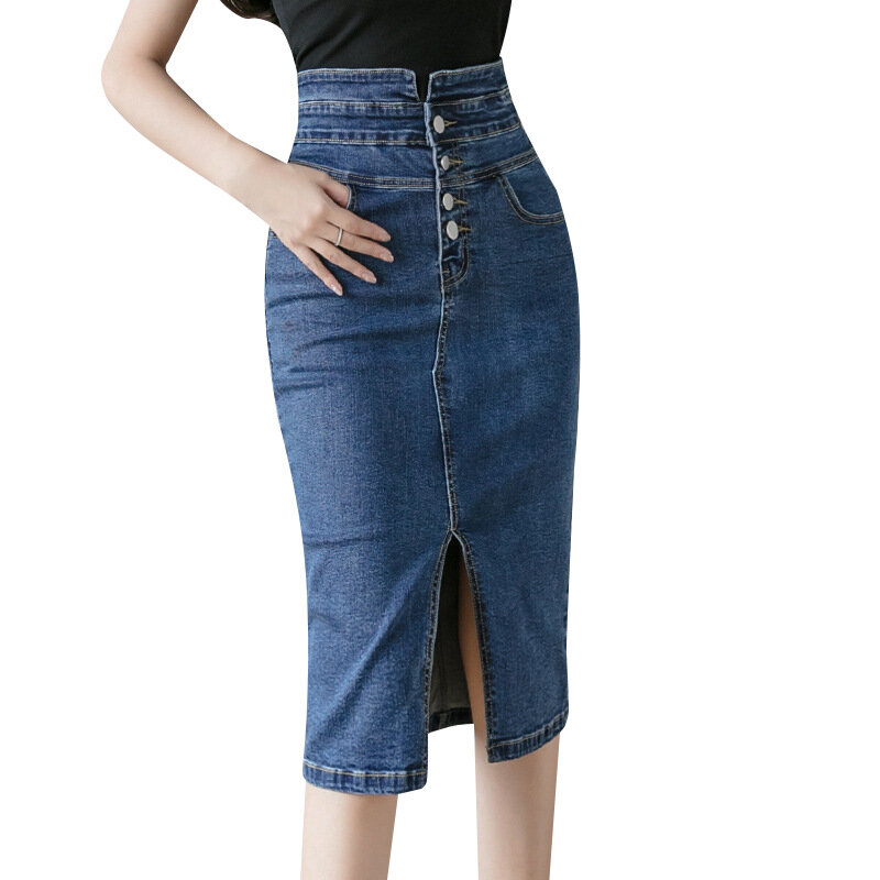 High waisted mid length skirt sexy front slit denim wrap hip skirt, versatile