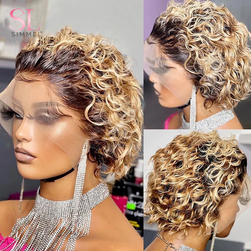 Caution Curly Pixie Bob Cut Perruques de cheveux humains avec frange, Perruques courtes brésiliennes pour femmes, Highlight Blonde Colored