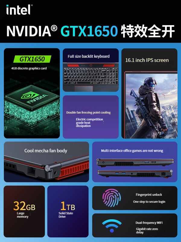 Laptop Gaming 2024 Ultra tipis, laptop Gaming 16.1 inci Intel Core I9-10880H I I7-10880H Nvidia GTX 1650 4G kartu grafis Notebook Win 10/11