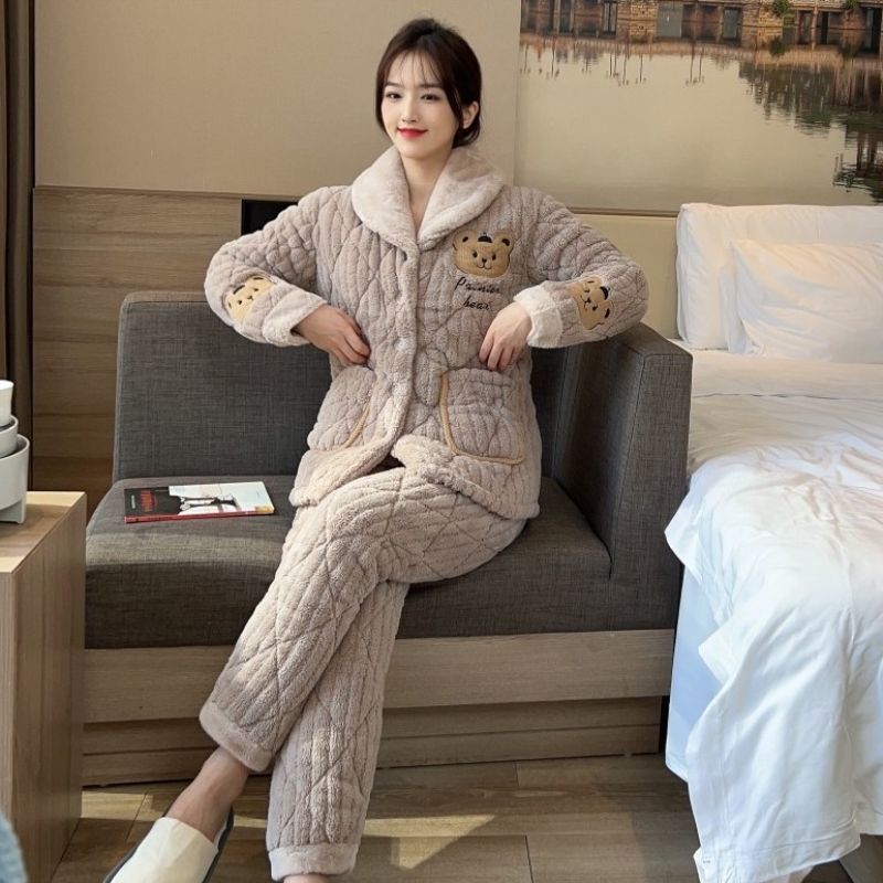 Pijama coral forrado com lã para mulheres, jaqueta acolchoada de algodão, terno quente solto e confortável, roupa de casa, novo, inverno, 2023