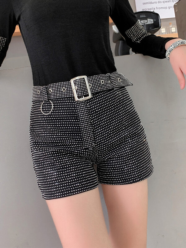 Pantalones cortos con diamantes de imitación para mujer, Shorts de pierna ancha, cintura alta, cintura elástica, informales, con cinturón