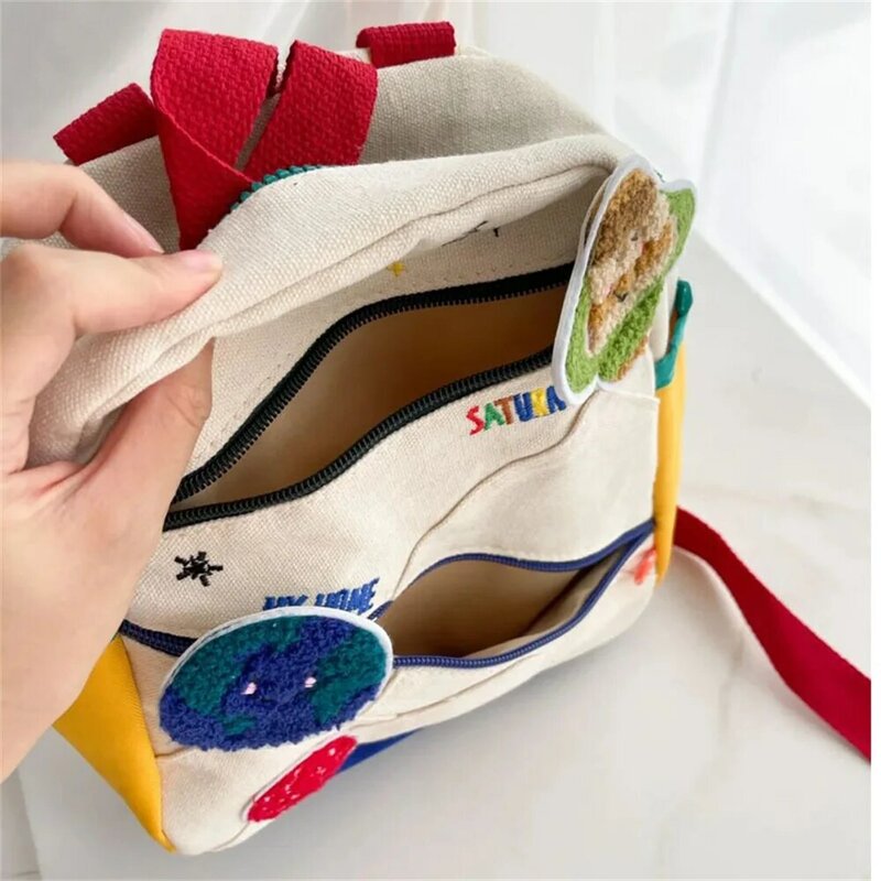 Mochila de lona con nombre bordado para niños, bolso escolar de guardería personalizado, lindo Planeta, mochila ligera para bebés, niñas y niños