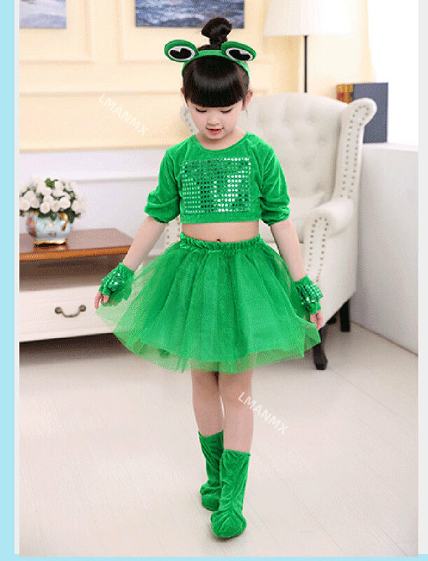Vestido de balé verde para meninas, trajes infantis de dança jazz, performance de sapo animal