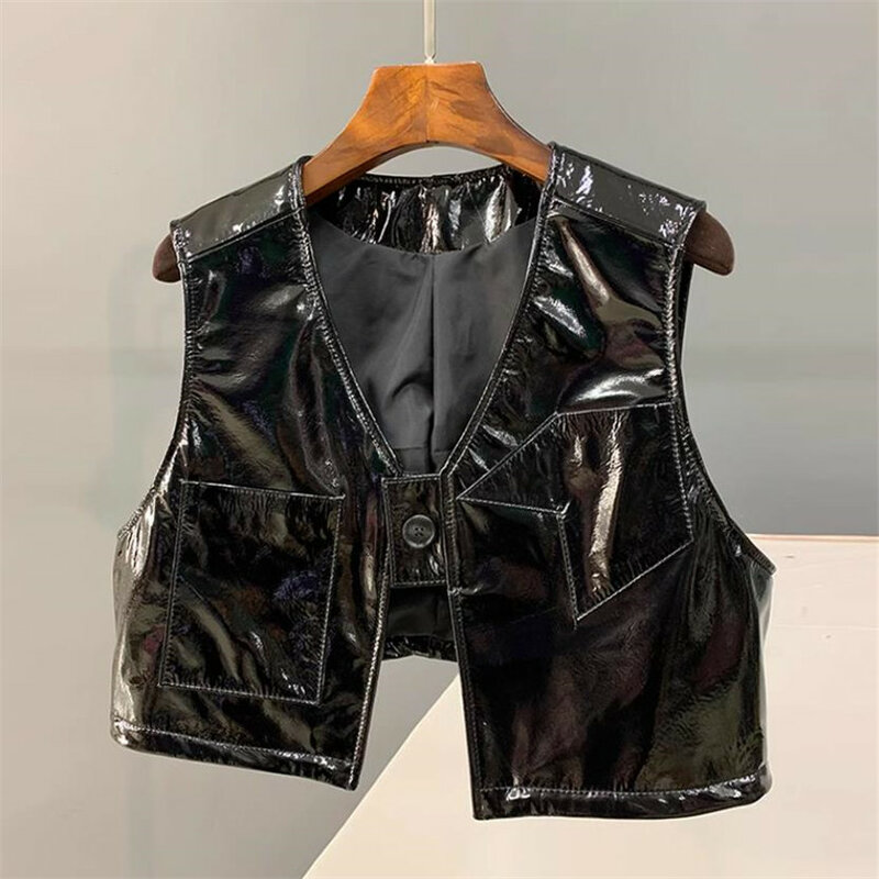 Genuine leather patent leather vest real sheepskin short V-neck fashion glossy loose waistcoat sleeveless jacket for women Y4176