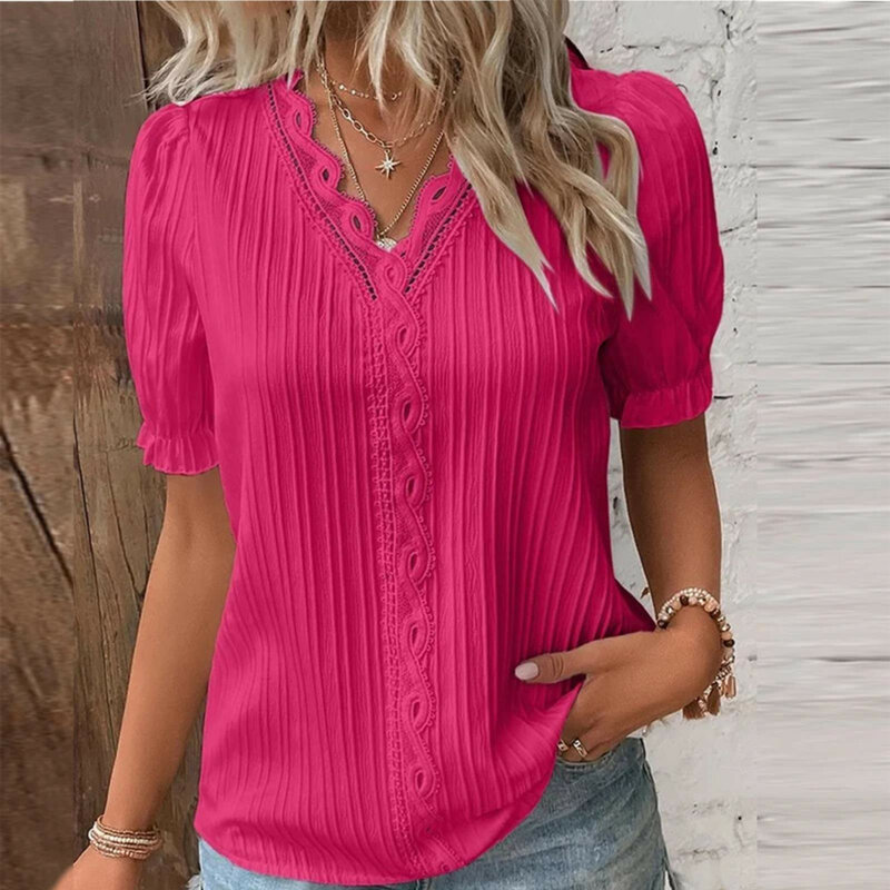 Elegant Women's Summer Casual Shirt Fashion Hollow Lace Patchwork Chic Long Sleeved V-neck Design Comfy Soft Thin Basic Tops
