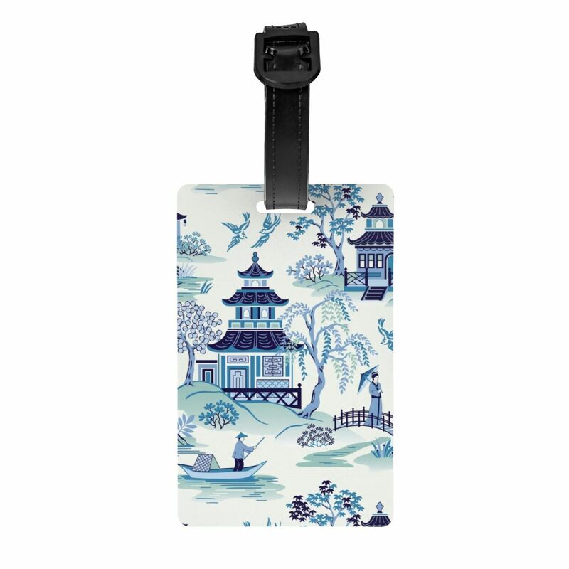 Personalizzato Chinoiserie Pagoda blu antico Willow Ware etichette per bagagli per valigia etichette per bagagli in stile orientale copertina nome carta d'identità