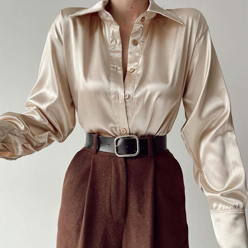 Ardm sexy decote em v com botão de cetim manga longa topos blusa casual feminino 2022 escritório camisa das senhoras