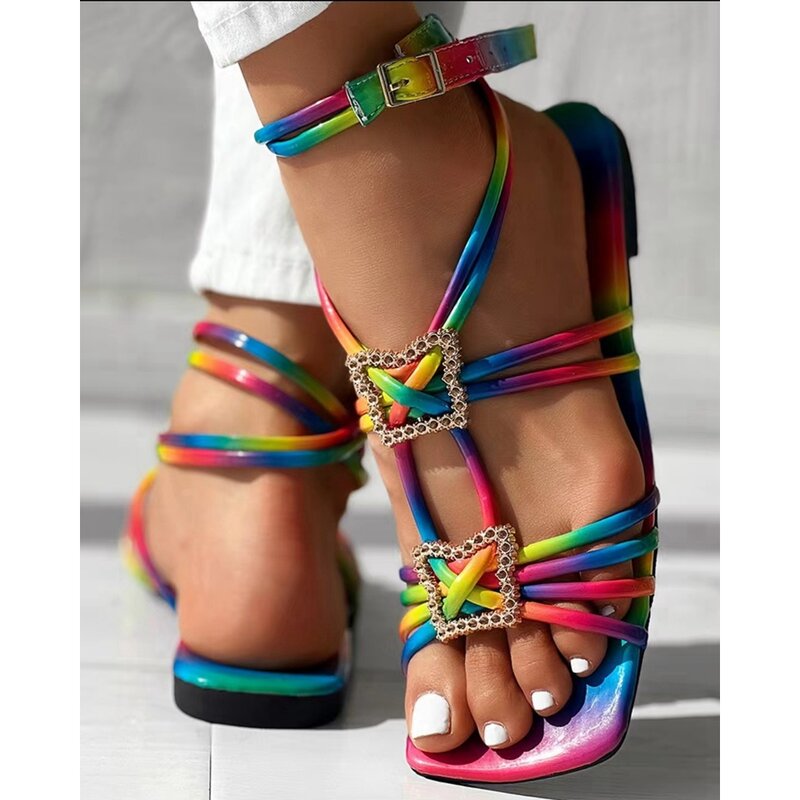 Women Geometric Pattern Multi-strap New In Sandals Outdoor Summer Lady Fashion Square Toe Multicolour Going Out Summer Shoes