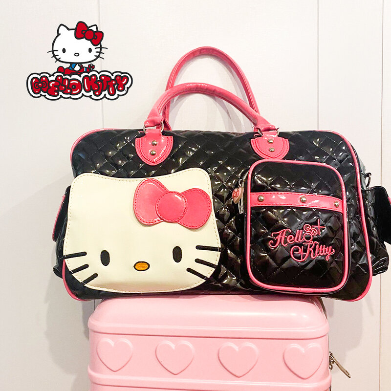 Hello Kitty Kawaii Sanrio Y2k High Capacity Handbag Messenger Bag Cartoon Pu Bright Surface Travel Bag Girls Fashion Travel Bag