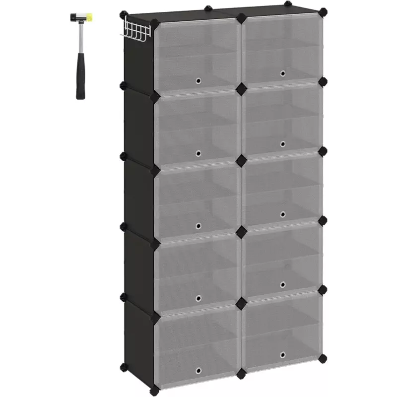 6/8/10-Cube Shoe Rack Organizer w/ Doors,24/32/40 Pair Plastic Shoe Storage Cabinet for Entryway,Steel Frame,Plastic Panel,Black