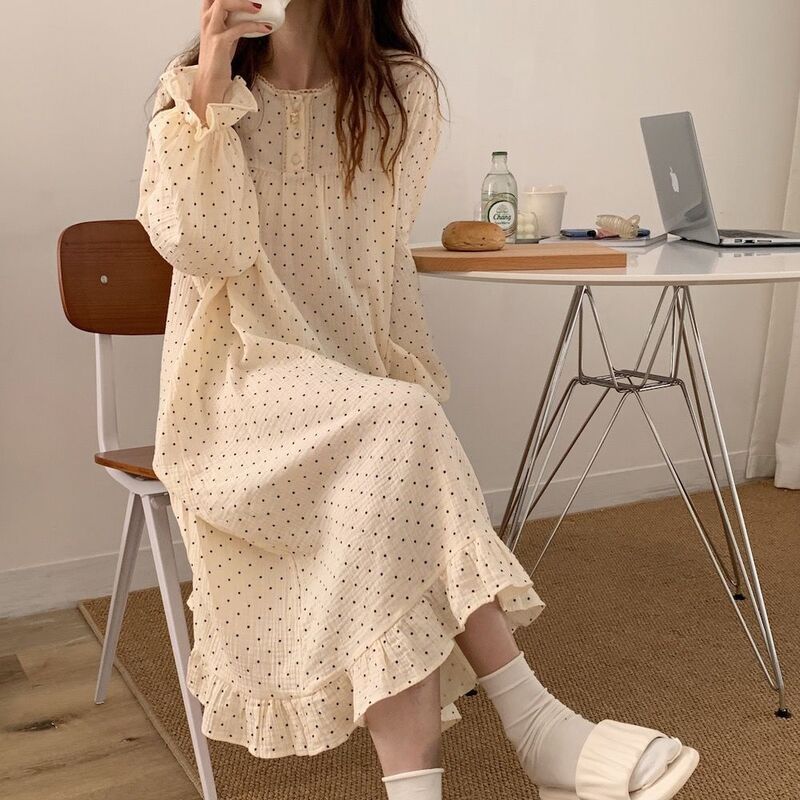 Women Sweet Lace Cotton Long Sleeve Nightgowns Female Spring Autumn Loose Korean Style Home Girls Cute Top Pants Loungewear