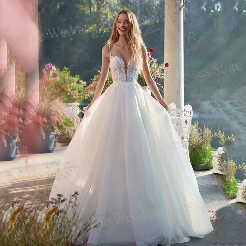 Sexy Exquisite Spaghetti Straps Wedding Dresses A Line Lace Appliques Bride Gowns Sleeveless Backless Princess Vestido De Novias