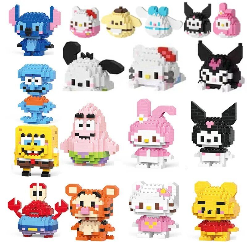 Disney Sanrio Small Particle Construction Model Toy Cartoon Character Katie Cat. Stitch Kuromi Gives Children Puzzle Block Toys