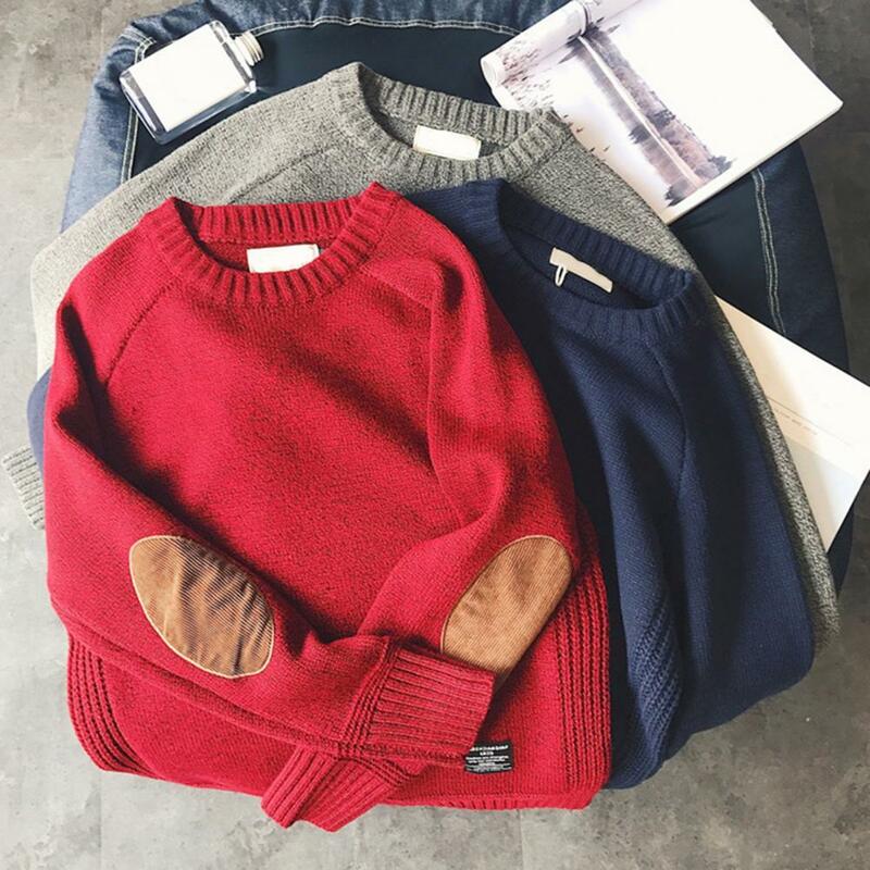 Men Sweater Fashion Patchwork Long Sleeve Knitted Sweater Stylish Round Neck Pullover Streetwear For Autumn Winter