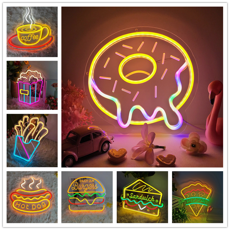 Donut Shaped Neon Sign Night Light, Suspensão de parede USB, LED Coffee Chips, Pipoca, Restaurante, Hamburguer, Loja, Decor Lamp, Pizza, Hot Dog