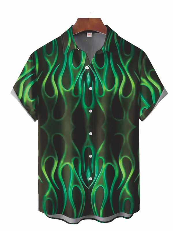 다채로운 불꽃 프린트 남성용 반팔 셔츠, 하와이안 비치, 패션 라펠 탑, 캐주얼 셔츠, 2024 새로운 스타일