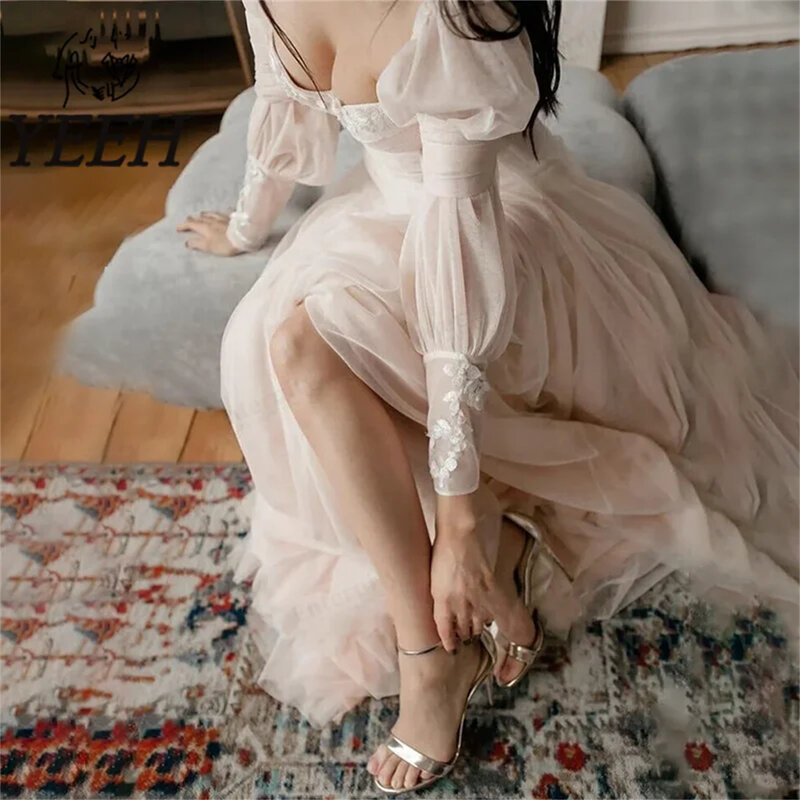 Sirene-Princess Lace Apliques Vestidos de casamento, linha A, mangas compridas, gola querida, vestido de noiva, 2024