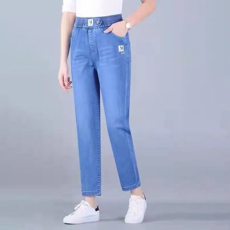 Calças de brim mãe das mulheres 2022 novo azul verão calças perna larga cintura alta moda cintura elástica jeans harajuku baggy calças retas