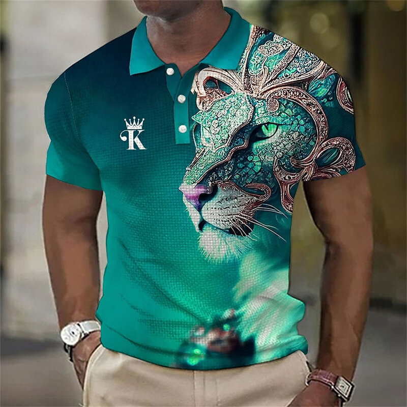 Animal dos homens Camisa polo estampada com leão 3D, casual Daily Lapel Tops, T-shirt do animal feroz, roupa de homem, manga curta, verão