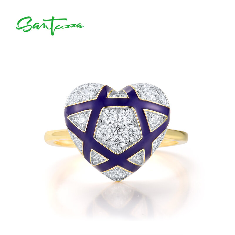 SANTUZZA Real 925 Sterling Silver Rings For Women Sparkling White CZ Blue Heart Enamel Sweet Wedding Engagement Fine Jewelry Set