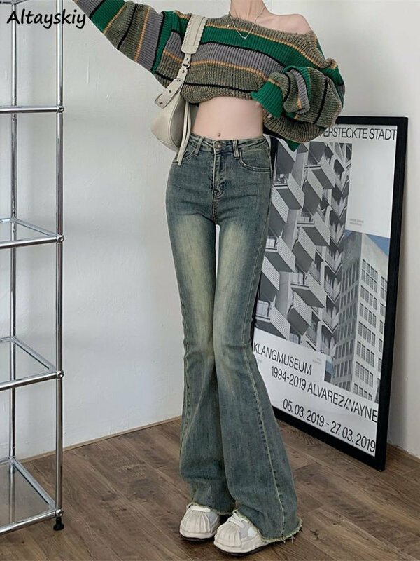 Flare Jeans Frauen Dünne Hohe Taille Ästhetischen Y2k Kleidung Denim Hose Vintage Gewaschen Retro Wischen Koreanische Fashion Straße Neue
