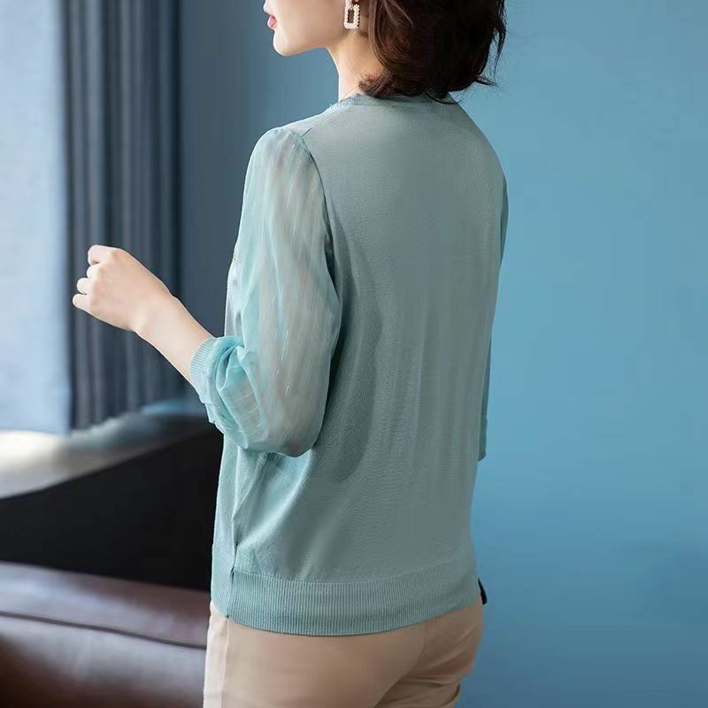 Spring and Autumn Women's Pullover V-Neck Hot Diamond Sweater Long Sleeve Chiffon Solid Knit Bottom Fashion Casual Elegant Tops