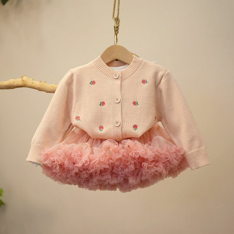 Conjunto de vestido tutú para niñas pequeñas, suéter y falda esponjosa, conjunto de dos piezas a la moda, primavera, verano y otoño, novedad