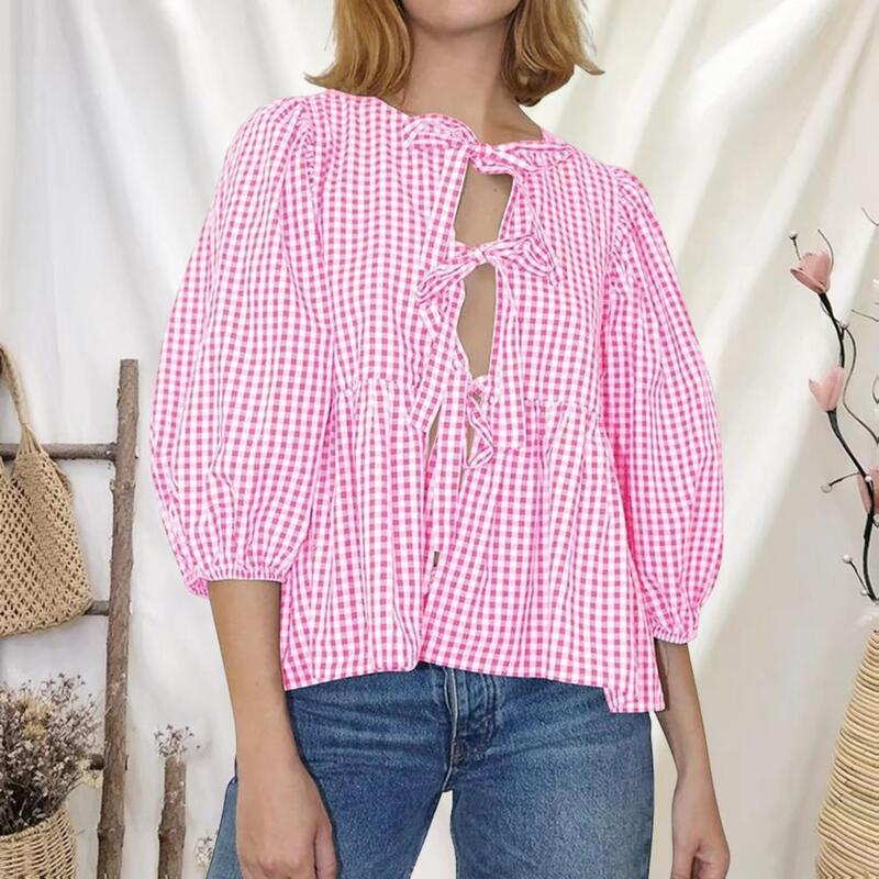 Женская рубашка с принтом в клетку, свободная рубашка с круглым вырезом и рукавом 3/4, уличная одежда с завязкой спереди, весна-лето