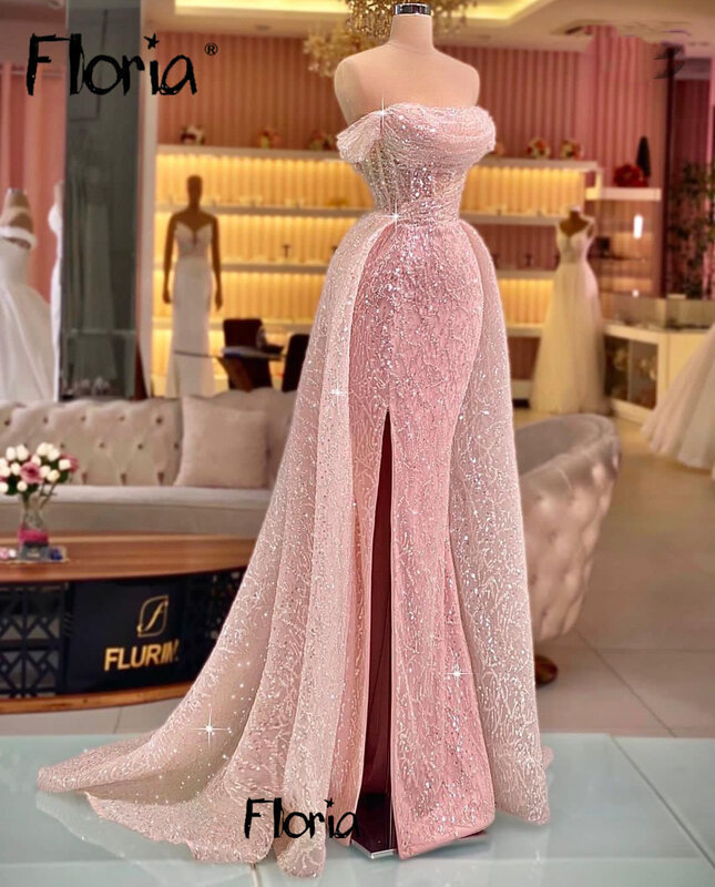 Vestido de noche largo de sirena con hombros descubiertos, elegante vestido de graduación brillante con sobrefalda, color rosa, 2023