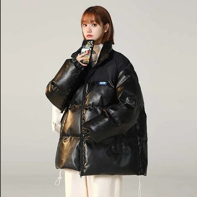 ใหม่ผู้หญิงปลอมสองชิ้น PU หนังฝ้ายเสื้อผ้าฤดูหนาว Warm Hooded Parka Outerwear หญิงเกาหลีลงเสื้อฝ้าย