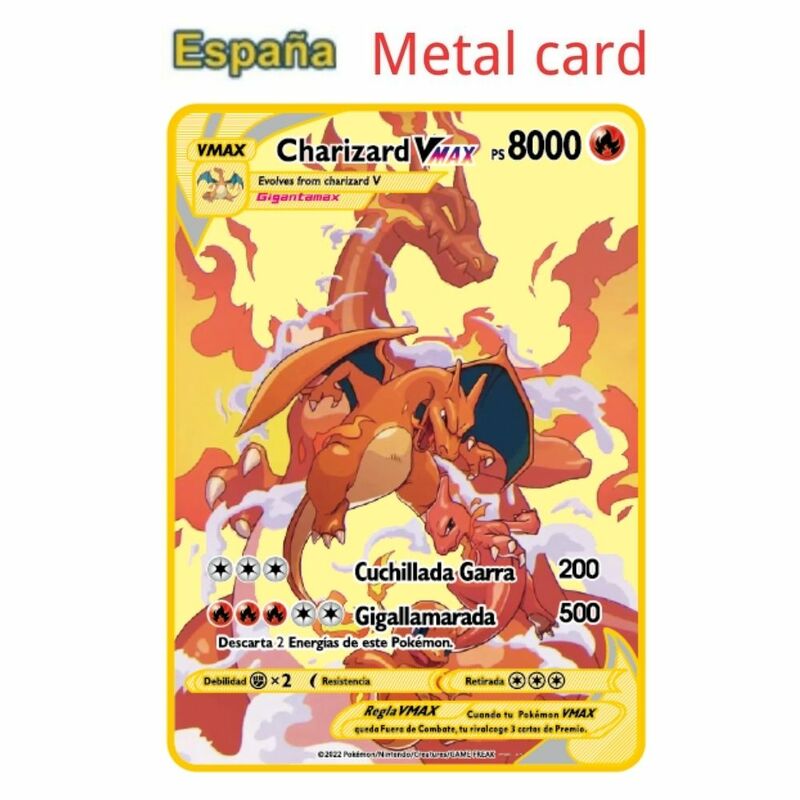 Cartas de Pokémon en español, tarjetas de metal dorado, tarjetas de hierro duro en español, mewtwo, pikachu, gx, charizard, vmax, paquete de colección de juegos
