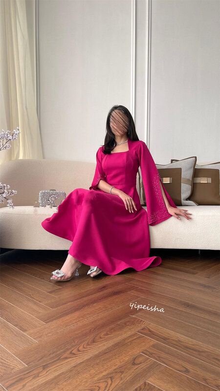     Satin Beading Engagement A-line Square Neck Bespoke Occasion Gown Midi es    Dresses 