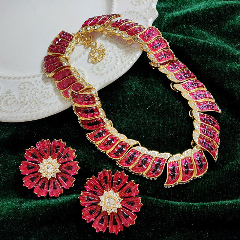 Vintage Temperament Blume Brosche Ring Glas Halsketten für Frauen Mädchen Party Geschenk Schmuck Großhandel