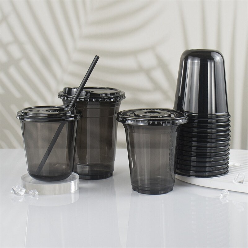 Kunden spezifisches Produkt fabrik kunden spezifisches Logo 12 16 oz in u-Form schwarzes Haustier Kaffeetasse kaltes Getränk Blase Boba Tee Einweg u Form plas