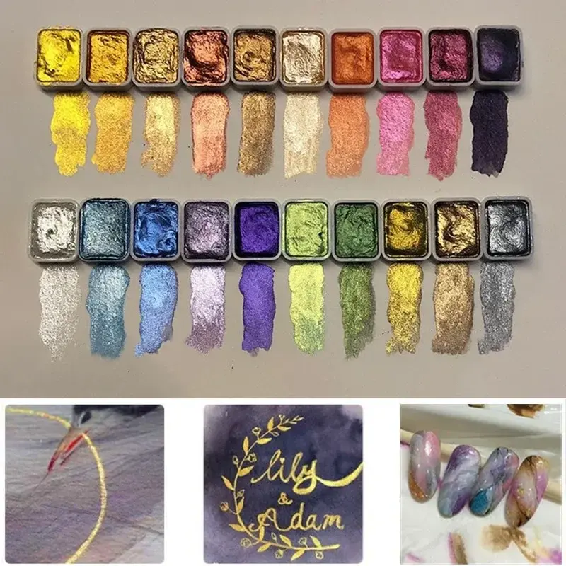مجموعة ألوان مائية صلبة ، مسحوق ذهبي وفضي ، لؤلؤ معدني ، فن ، رسم ، زينة أظافر ، 20 لون ، 1 مللي