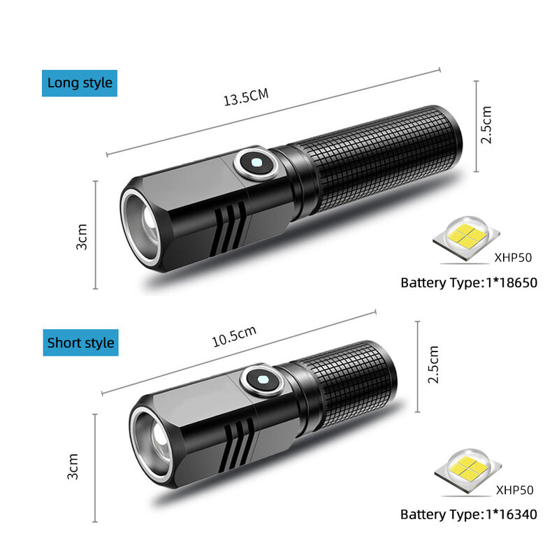 Linterna LED XHP50 impermeable, Mini linterna USB recargable con Zoom, potente linterna de pesca táctica, Flash, lámpara de Camping