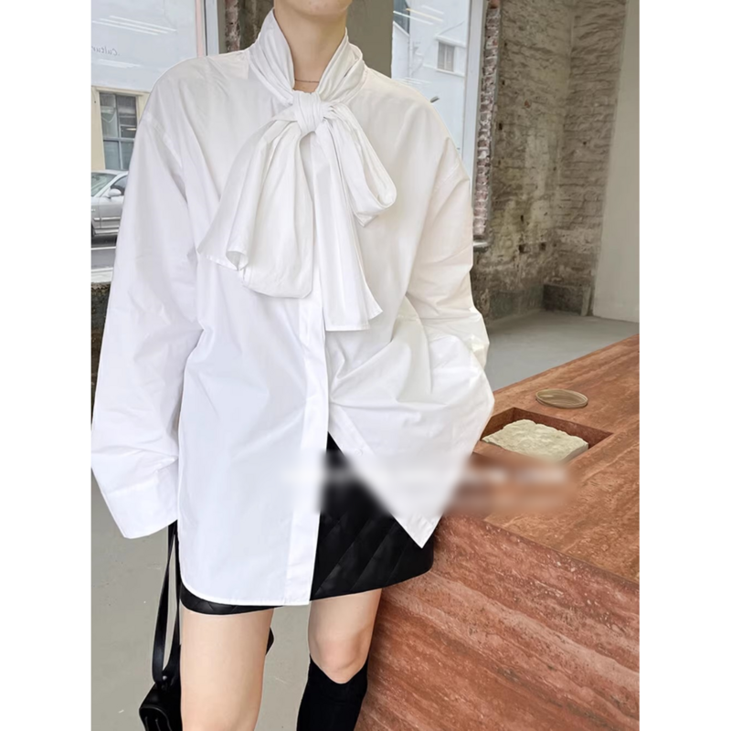 Retro Bowtie Tie Shirt Black High Waist Short Skirt 2024 Spring and Autumn Fashion Set  ladies tops  blouses