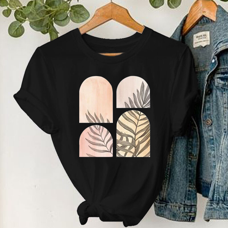 Camiseta kawaii con estampado de plantas y sol para mujer, remeras estampadas, playera harajuku de manga corta negra, camisetas para mujer 2022
