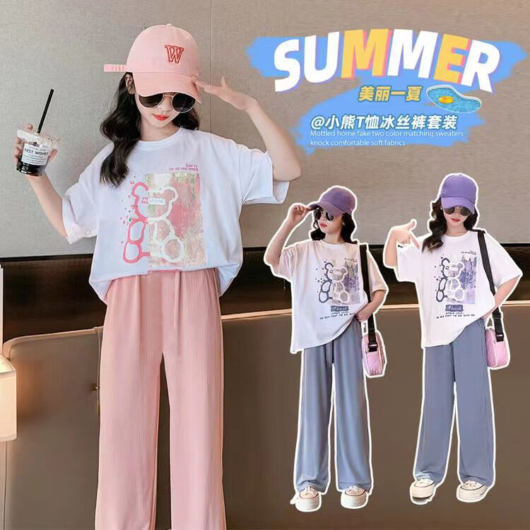 Летний комплект одежды для девочек, футболка и брюки с рисунком медведя из мультфильма, костюм из двух предметов, спортивный костюм