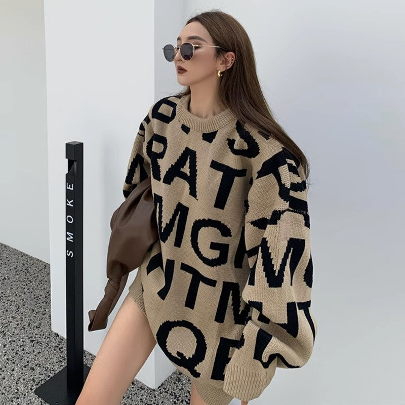 Fashion Women Sweaters Autumn Winter Loose O Neck Letter Pullovers High Street Long Sleeve Top Warm Knitwear Oversized Jumpers