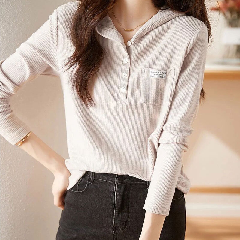 Moda mulher com capuz sweatshirts 2022 nova manga longa cor sólida bolsos soltos coreano casual versátil senhora do escritório alta rua