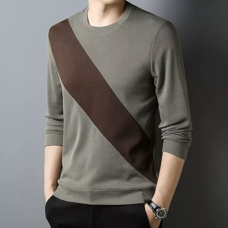Sweter pria leher bulat, Sweater trendi kustom mode harian nyaman dengan bagian bawah berwarna