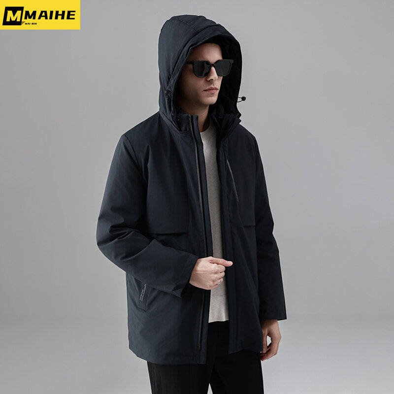 Men's Winter Down Jacket Fashion Casual Thickened Warm Hooded Removable Coat Business Casual Light Cushion Padded Men's Clothing