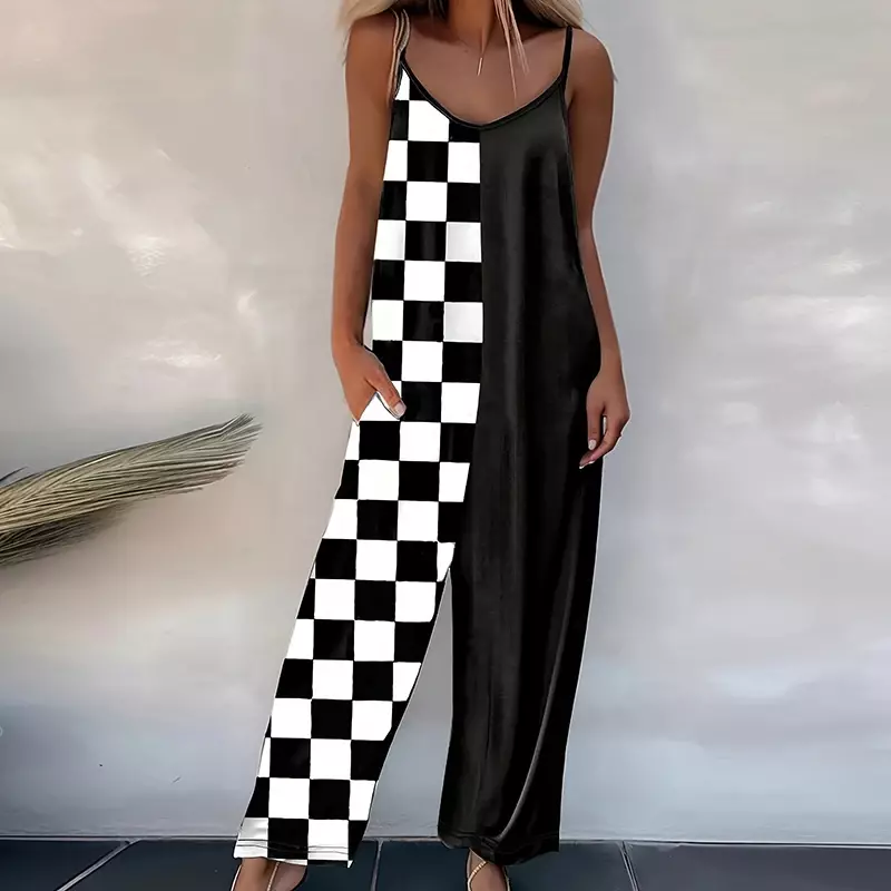 Summer Casual Straight Pants Overall Fashion Pockets Printed Women Long Jumpsuit Beach Female Loose Sleeveless Strap Romper