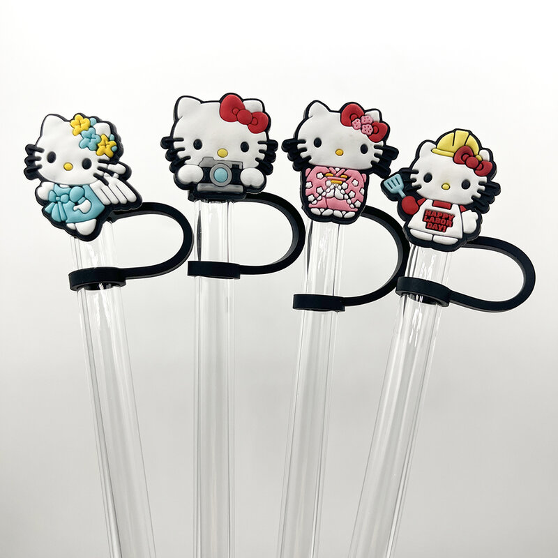 1-9PCS Hello Kitty Straw Cover Cap Cartoon 10MM Drink Straw Plug Reusable Splash Proof Drinking Fit Cup Straw Cap Charms Pendant
