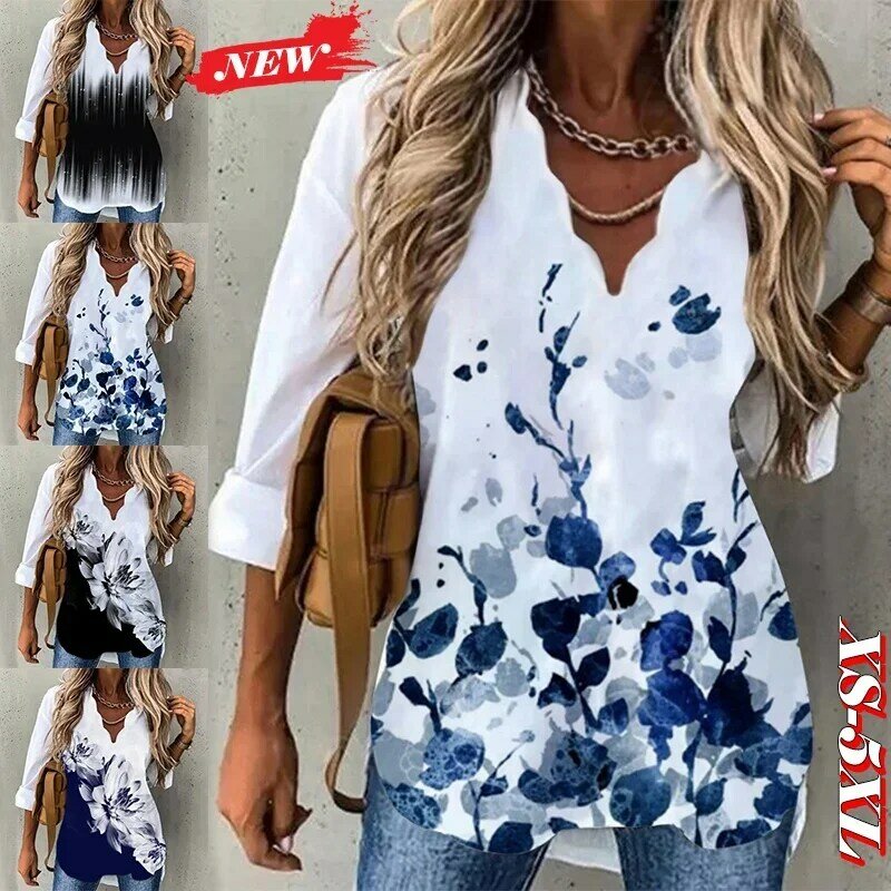 Women Fashion Spring Autumn Floral Print Long Sleeve Shirts Femme Casual Loose Tops Deep V Neck T Shirts Comfortable Clothes