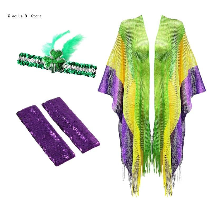 Fascia per capelli elastica sexy Mardi Gras Show + guanti + poncho con brillanti danza discoteca delicato costume da